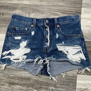 Levis 501 Blue Women 27 Button Fly Distressed Ripped Cut Off Jean Shorts Red Tab
